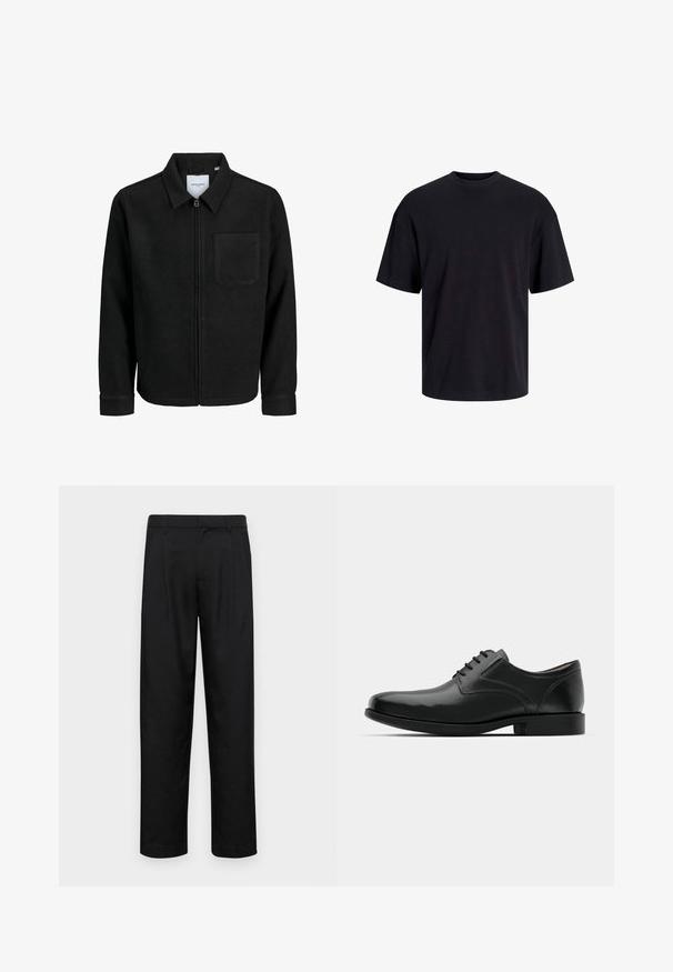 Chaqueta negra con cremallera y cuello, con un solo bolsillo en el pecho, expuesta sobre un fondo blanco.; Camiseta de algodón negra con cuello redondo, mangas cortas y un ajuste relajado. Textura suave y sin patrones ni acentos visibles.; Pantalones negros de tela suave, con un diseño de pierna recta, dos pliegues frontales y una cintura estándar con trabillas para el cinturón.; Zapato de vestir de piel negra con acabado brillante, punta redondeada, diseño con cordones, costuras contrastantes y un tacón bajo de goma.