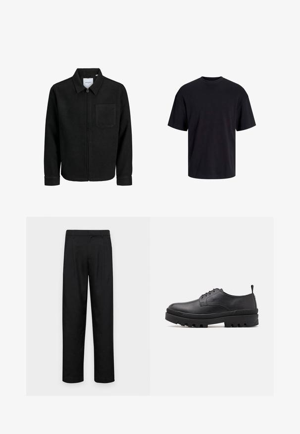 Giacca nera con zip, colletto e una tasca sul petto, mostrata su sfondo bianco.; T-shirt in cotone nero con collo rotondo, maniche corte e vestibilità morbida. Texture liscia senza pattern o dettagli visibili.; Pantaloni neri realizzati in tessuto liscio, caratterizzati da un taglio dritto, due pieghe frontali e una vita standard con passanti per la cintura.; Scarpa in pelle nera con punta rotonda, design con lacci e suola in gomma spessa. Presenta un'etichetta sul tallone e dettagli testurizzati.