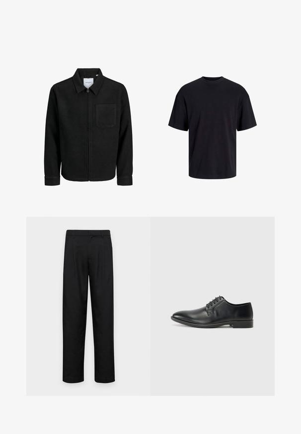 Veste zippée noire avec col et poche poitrine unique, présentée sur fond blanc.; T-shirt en coton noir avec un col ras du cou, des manches courtes et une coupe décontractée. Texture lisse sans motifs ni accents visibles.; Pantalons noirs en tissu lisse, avec une coupe droite, deux plis avant et une taille standard avec passants de ceinture.; Chaussures noires en cuir à lacets avec une finition lisse, bout pointu et petit talon carré. Comprend cinq paires d'œillets pour les lacets.