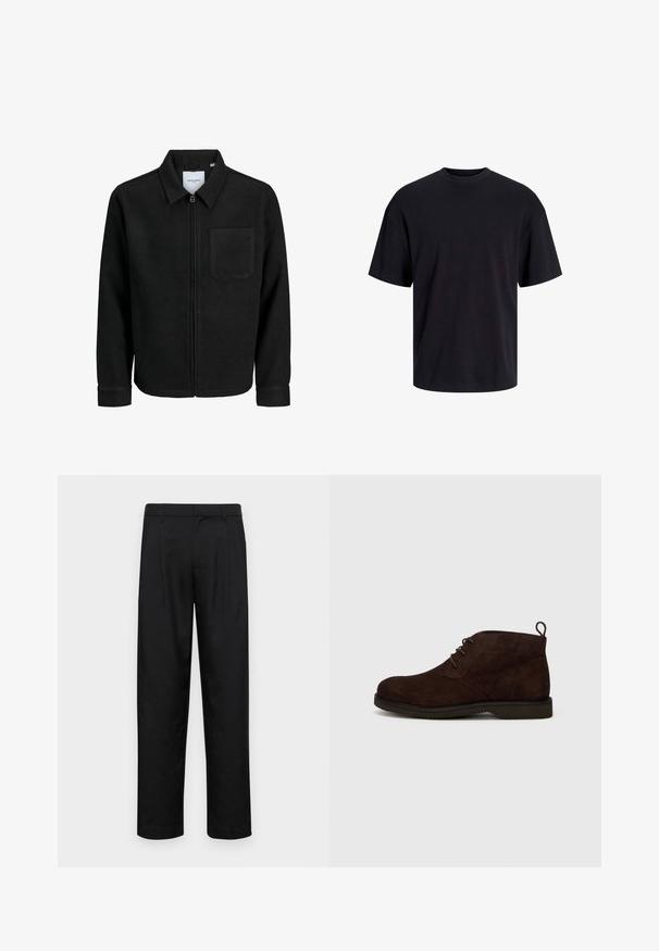 Mustaga lukuga jakker, millel on krae ja üks rinna-tasku, esitatud valgel taustal.; Must must on mustre, lühikeste varrukatega ja vabalt langev. Sile tekstuur ja ilma nähtavate mustrite või aktsentideta.; Mustad mustadest riietest, millel on sirge jalgade disain, kaks eesmist voltimist ja tavaline vöökoht, millel on vöökohad.; Pruuni nahast pahkluu saapad ümarate varvastega, millel on nööbid ja taga tõmbeaas, paigutatud kummist tallale, millel on tekstureeritud pind.