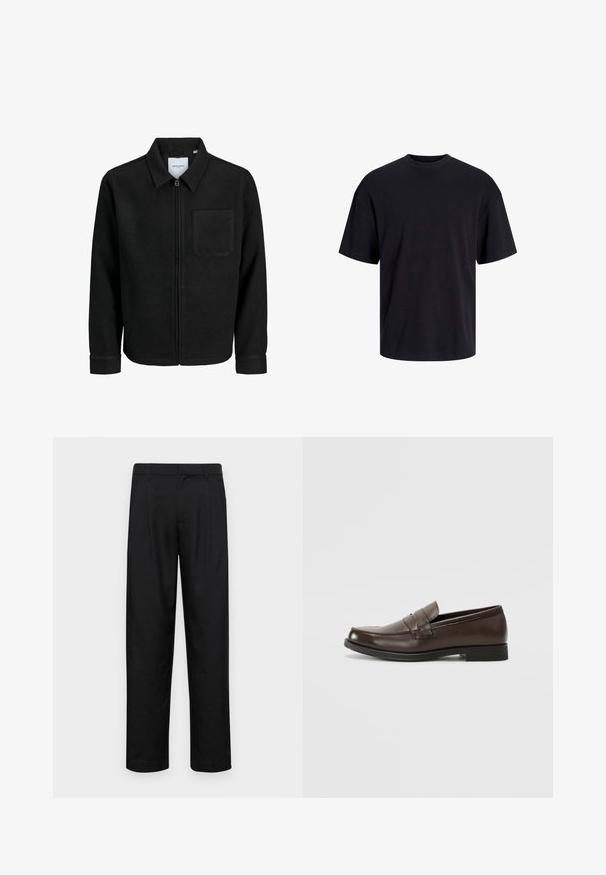 Veste zippée noire avec col et poche poitrine unique, présentée sur fond blanc.; T-shirt en coton noir avec un col ras du cou, des manches courtes et une coupe décontractée. Texture lisse sans motifs ni accents visibles.; Pantalons noirs en tissu lisse, avec une coupe droite, deux plis avant et une taille standard avec passants de ceinture.; Mocassin en cuir marron avec un bout arrondi, couture décorative et un petit talon plat. Texture lisse avec des éléments de design discrets.