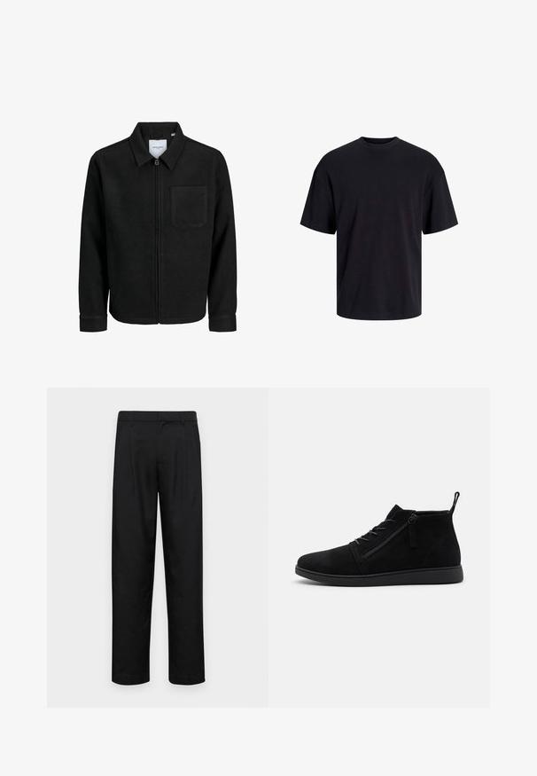 Fekete, zipzáros dzseki gallérral és egyetlen mellzsebbel, fehér háttéren.; Fekete pamut póló, kerek nyakkivágással, rövid ujjú és laza fazonú. Simább anyagú, látható minták vagy díszítések nélkül.; Fekete nadrág sima anyagból, egyenes szárú fazonnal, két elülső redővel és közönséges derékkal, övhurkokkal.; Fekete velúr bokacsizmák kerek orral, elülső fűzéssel és oldalsó cipzárral rendelkeznek. Talpa lapos, textúrált felületű az érintés biztonsága érdekében.