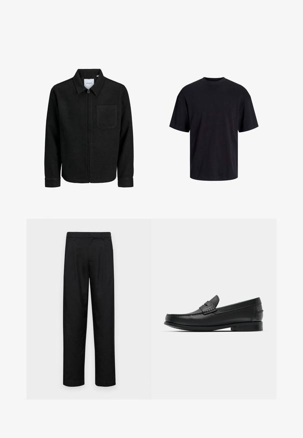 Fekete, zipzáros dzseki gallérral és egyetlen mellzsebbel, fehér háttéren.; Fekete pamut póló, kerek nyakkivágással, rövid ujjú és laza fazonú. Simább anyagú, látható minták vagy díszítések nélkül.; Fekete nadrág sima anyagból, egyenes szárú fazonnal, két elülső redővel és közönséges derékkal, övhurkokkal.; Fekete bőr loaferek lekerekített orral, részletes varrással és alacsony, négyzetes sarkú kivitelben. Simább textúra és minimalista dizájn.