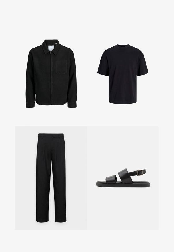 Svart zip-jacka med krage och en enda bröstficka, visad på vit bakgrund.; Svart bomullströja med rundad halsringning, korta ärmar och avslappnad passform. Slät textur utan synliga mönster eller detaljer.; Svarta byxor i slät väv, med rak ben-design, två framfickor och standardmidja med bälteshällor.; Svarta lädersandaler med två breda remmar, spänne och platt gummisula. Slät textur, minimalistisk design och öppen bak.