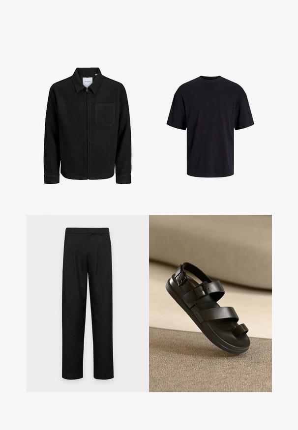 Veste zippée noire avec col et poche poitrine unique, présentée sur fond blanc.; T-shirt en coton noir avec un col ras du cou, des manches courtes et une coupe décontractée. Texture lisse sans motifs ni accents visibles.; Pantalons noirs en tissu lisse, avec une coupe droite, deux plis avant et une taille standard avec passants de ceinture.; Sandales noires avec trois larges sangles, accents de boucle et semelle plate. Fabriquées en matériau lisse avec une finition mate.