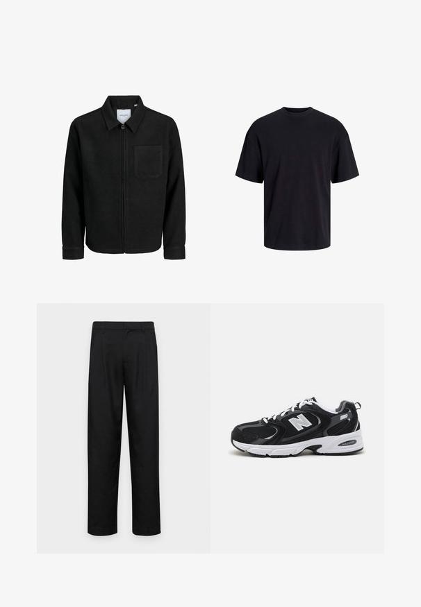 Črna jakna z zadrgo in ovratnikom ter enim žepom na prsih, prikazana na beli podlagi.; Črna bombažna majica s krojačkom izrezom, kratkimi rokavi in sproščenim krojem. Gladka tekstura in brez vidnih vzorcev ali poudarkov.; Črne hlače iz gladkega materiala, s krojem ravne noge, dvema sprednjima pregiboma in standardnim pasom z zankami za pas.; Črne in sive športne čevlje z zgornjim delom iz mrežaste in semiš usnja, s belim srednjim podplatom, vezalkami in močnim logotipom "N" na strani.