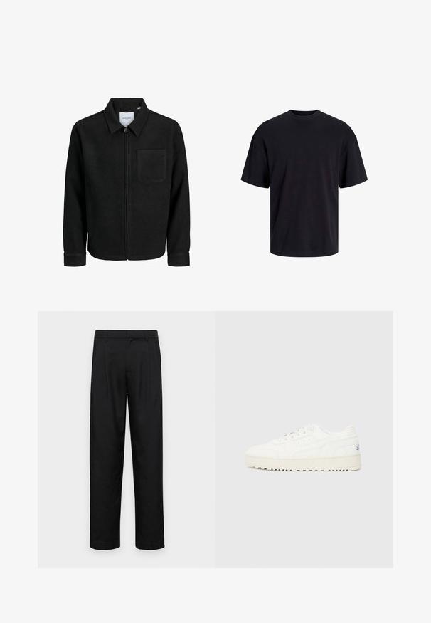 Crna jakna na zip s ovratnikom i jednim džepom na prsima, prikazana na bijeloj pozadini.; Crna pamučna majica s okruglim izrezom, kratkim rukavima i opuštenim krojem. Glatka tekstura bez vidljivih uzoraka ili dekoracija.; Crne hlače od glatkog materijala, s dizajnom ravnih nogavica, dva prednja nabora i standardnim pojasom s petljama za remen.; Bijele tenisice s glatkom kožnom gornjom površinom, perforiranim prstima i teksturiranim detaljima. Imaju debeli gumeni potplat i minimalne oznake brenda.