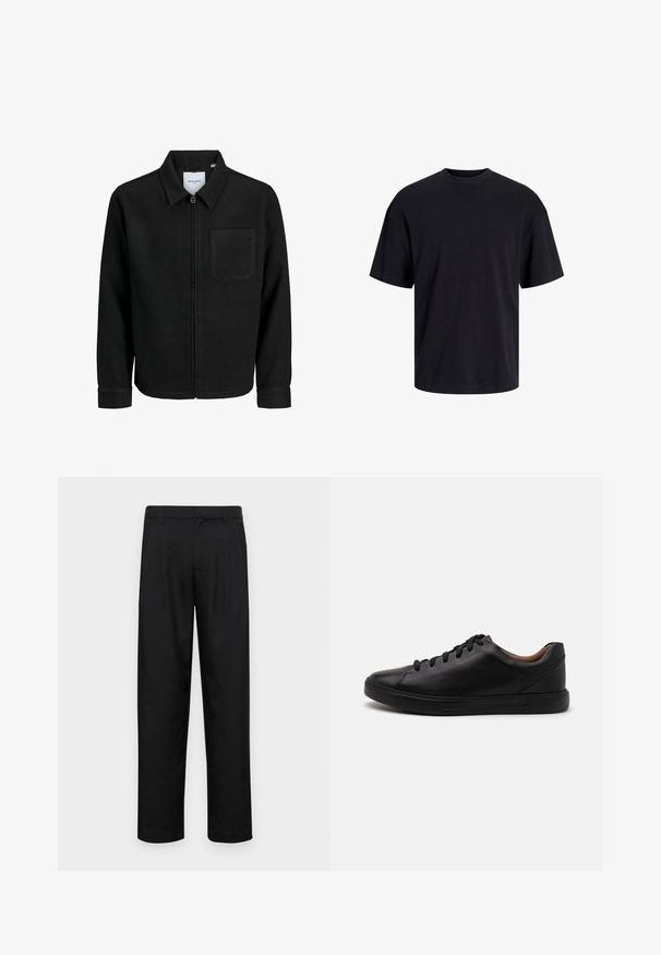 Czarna kurtka z zamkiem na całej długości, z kołnierzem i jedną kieszenią na piersi, umieszczona na białym tle.; Czarna bawełniana koszulka z okrągłym dekoltem, krótkimi rękawami i luźnym krojem. Gładka tekstura, bez widocznych wzorów czy akcentów.; Czarne spodnie wykonane z gładkiego materiału, z prostą nogawką, dwoma fałdami z przodu oraz standardowym paskiem z wypustkami na pasek.; Czarne skórzane sneakersy o gładkim wykończeniu, okrągłym nosku i sześcioma oczkami do sznurowania; posiadają czarną gumową podeszwę dla lepszej przyczepności.