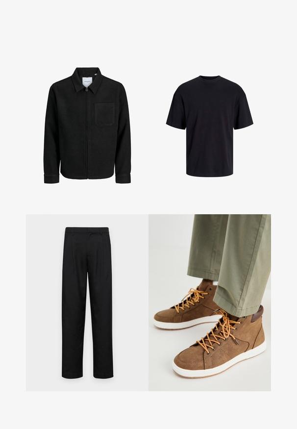 Črna jakna z zadrgo in ovratnikom ter enim žepom na prsih, prikazana na beli podlagi.; Črna bombažna majica s krojačkom izrezom, kratkimi rokavi in sproščenim krojem. Gladka tekstura in brez vidnih vzorcev ali poudarkov.; Črne hlače iz gladkega materiala, s krojem ravne noge, dvema sprednjima pregiboma in standardnim pasom z zankami za pas.; Rjavni visoki tenisi rjave barve, izdelani iz teksturiranega materiala, s pomarančnimi vezalkami, belim podplatom in rjavimi usnjenimi detajli. Nosi se z zelenimi hlačami.