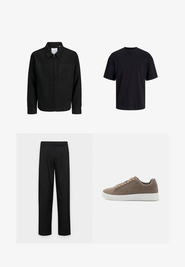 Mustaga lukuga jakker, millel on krae ja üks rinna-tasku, esitatud valgel taustal.; Must must on mustre, lühikeste varrukatega ja vabalt langev. Sile tekstuur ja ilma nähtavate mustrite või aktsentideta.; Mustad mustadest riietest, millel on sirge jalgade disain, kaks eesmist voltimist ja tavaline vöökoht, millel on vöökohad.; Pruunid sametist tossud lame valge kummist tallaga, nöörimise disainiga, ümar nina ja siledat tekstuuri. Minimalistlik stiil koos diskreetsete õmblusdetailidega.