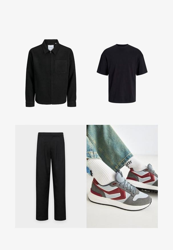 Fekete, zipzáros dzseki gallérral és egyetlen mellzsebbel, fehér háttéren.; Fekete pamut póló, kerek nyakkivágással, rövid ujjú és laza fazonú. Simább anyagú, látható minták vagy díszítések nélkül.; Fekete nadrág sima anyagból, egyenes szárú fazonnal, két elülső redővel és közönséges derékkal, övhurkokkal.; Sportcipő szürke velúr és hálós felsőrésszel, piros részletekkel és párnázott fehér talppal. Részben látható bordázott fehér zoknik.