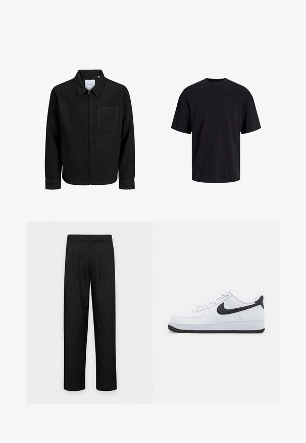 Mustaga lukuga jakker, millel on krae ja üks rinna-tasku, esitatud valgel taustal.; Must must on mustre, lühikeste varrukatega ja vabalt langev. Sile tekstuur ja ilma nähtavate mustrite või aktsentideta.; Mustad mustadest riietest, millel on sirge jalgade disain, kaks eesmist voltimist ja tavaline vöökoht, millel on vöökohad.; Valged nahast spordijalatsid musta Nike Swooshi, ümmarguse toe disain, nöörilised esiosad, tekstuuriga must kummitald ja "Air" kuule tähistatud kanna peal.