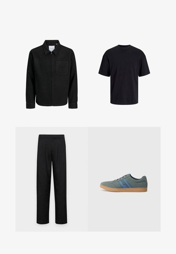 Chaqueta negra con cremallera y cuello, con un solo bolsillo en el pecho, expuesta sobre un fondo blanco.; Camiseta de algodón negra con cuello redondo, mangas cortas y un ajuste relajado. Textura suave y sin patrones ni acentos visibles.; Pantalones negros de tela suave, con un diseño de pierna recta, dos pliegues frontales y una cintura estándar con trabillas para el cinturón.; Sneaker de ante verde claro con acentos azules, cordones planos y una suela de goma beige. Punta redondeada y diseño de perfil bajo.