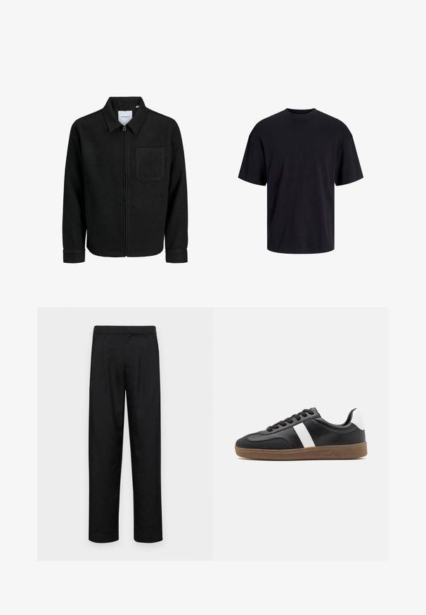 Black zip-up jacket with collar and single chest pocket, displayed on white background.; Black cotton t-shirt with a crew neckline, short sleeves, and a relaxed fit. Smooth texture and no visible patterns or accents.; Black trousers made of smooth fabric, featuring a straight-leg design, two front pleats, and standard waistband with belt loops.; Black sneaker with white stripe, made of smooth leather, featuring a rubber sole with textured pattern and lace-up design.