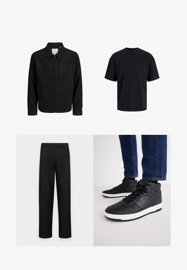 Jachetă neagră cu fermoar, cu guler și un singur buzunar pe piept, expusă pe fundal alb.; Tricou din bumbac negru, cu guler rotund, mâneci scurte și o croială lejeră. Textură netedă și fără modele sau accente vizibile.; Pantaloni negri dintr-un material neted, cu un design drept, două pliuri frontale și un tiv standard cu bucle pentru curea.; Adidași negri tip ghete, din piele texturată, cu șireturi negre, o talpă din cauciuc alb și un logo mic pe lateral.
