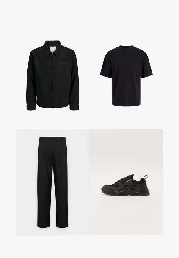 Black zip-up jacket with collar and single chest pocket, displayed on white background.; Black cotton t-shirt with a crew neckline, short sleeves, and a relaxed fit. Smooth texture and no visible patterns or accents.; Black trousers made of smooth fabric, featuring a straight-leg design, two front pleats, and standard waistband with belt loops.; Black sneakers featuring a mix of mesh and synthetic materials, a chunky rubber sole, and prominent lacing system with a pull tab.