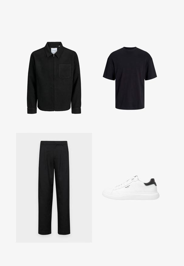 Fekete, zipzáros dzseki gallérral és egyetlen mellzsebbel, fehér háttéren.; Fekete pamut póló, kerek nyakkivágással, rövid ujjú és laza fazonú. Simább anyagú, látható minták vagy díszítések nélkül.; Fekete nadrág sima anyagból, egyenes szárú fazonnal, két elülső redővel és közönséges derékkal, övhurkokkal.; Fehér, alacsony szárú bőr sneaker, sima felülettel, fekete sarok kiemelésekkel, kerek fűzőkkel és diszkrét oldalvarrással.