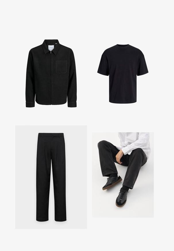Črna jakna z zadrgo in ovratnikom ter enim žepom na prsih, prikazana na beli podlagi.; Črna bombažna majica s krojačkom izrezom, kratkimi rokavi in sproščenim krojem. Gladka tekstura in brez vidnih vzorcev ali poudarkov.; Črne hlače iz gladkega materiala, s krojem ravne noge, dvema sprednjima pregiboma in standardnim pasom z zankami za pas.; Črne superge z gladkim in strukturiranim zgornjim delom, ki vključuje gumijast podplat in temne vezalke. Uvrščene so z štručasto črnimi kavbojkami in belo črtasto majico.