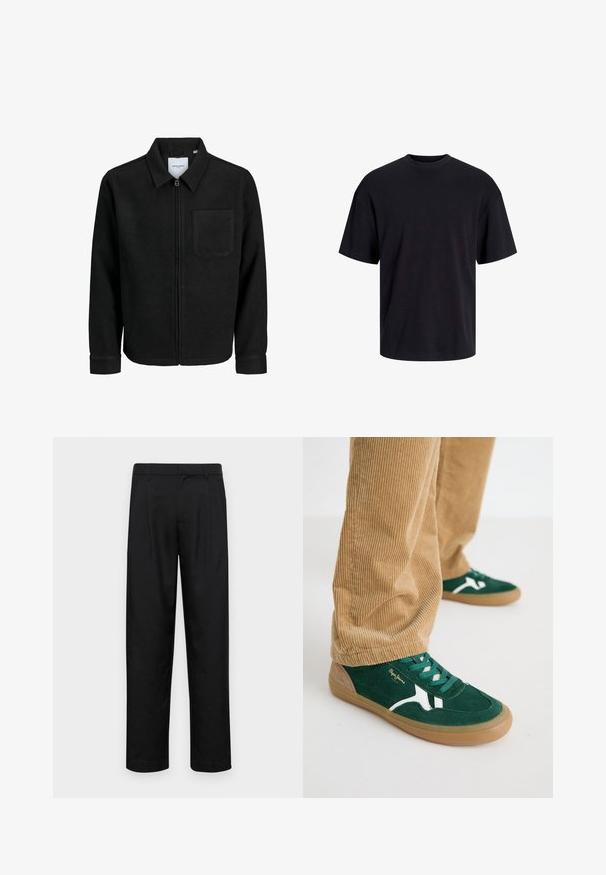 Fekete, zipzáros dzseki gallérral és egyetlen mellzsebbel, fehér háttéren.; Fekete pamut póló, kerek nyakkivágással, rövid ujjú és laza fazonú. Simább anyagú, látható minták vagy díszítések nélkül.; Fekete nadrág sima anyagból, egyenes szárú fazonnal, két elülső redővel és közönséges derékkal, övhurkokkal.; Zöld velúr sportcipő fehér díszítéssel és zöld fűzőkkel. Gumitalp, kerek orr és bézs részletek a sarokon. Csíkos nadrággal viselve.