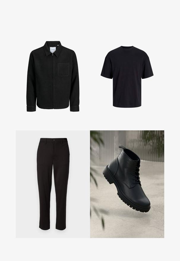 Veste zippée noire avec col et poche poitrine unique, présentée sur fond blanc.; T-shirt en coton noir avec un col ras du cou, des manches courtes et une coupe décontractée. Texture lisse sans motifs ni accents visibles.; Pantalon noir en tissu léger, avec une coupe droite, fermeture à bouton à l'avant, passants de ceinture et poches latérales.; Bottines en cuir noir avec un bout rond, un laçage, et une semelle en caoutchouc robuste. Texture lisse avec une languette à l'arrière.