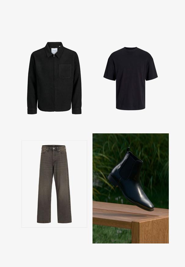 Black zip-up jacket with collar and single chest pocket, displayed on white background.; Black cotton t-shirt with a crew neckline, short sleeves, and a relaxed fit. Smooth texture and no visible patterns or accents.; Wide-leg jeans in dark grey denim, featuring a high waist, classic five-pocket design, and contrasting stitching along the seams.; Black leather Chelsea boot hovering above a wooden bench with grass and plants in the background.