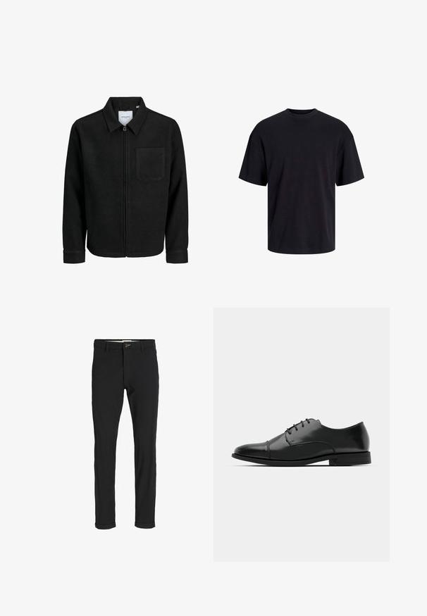 Zwarte zip-up jas met kraag en enkele borstzak, weergegeven op een witte achtergrond.; Zwarte katoenen t-shirt met een ronde halslijn, korte mouwen en een relaxte pasvorm. Glad textuur en geen zichtbare patronen of accenten.; Zwarte katoenen broek van een katoenmix met een slim fit, voorzien van een knoopsluiting, zakken en opgerolde mouwen voor een casual afwerking.; Zwarte leren dresschoenen met een ronde neus, vetersluiting, subtiele stiksels en een lage hak. Glad oppervlak met gepolijste afwerking.