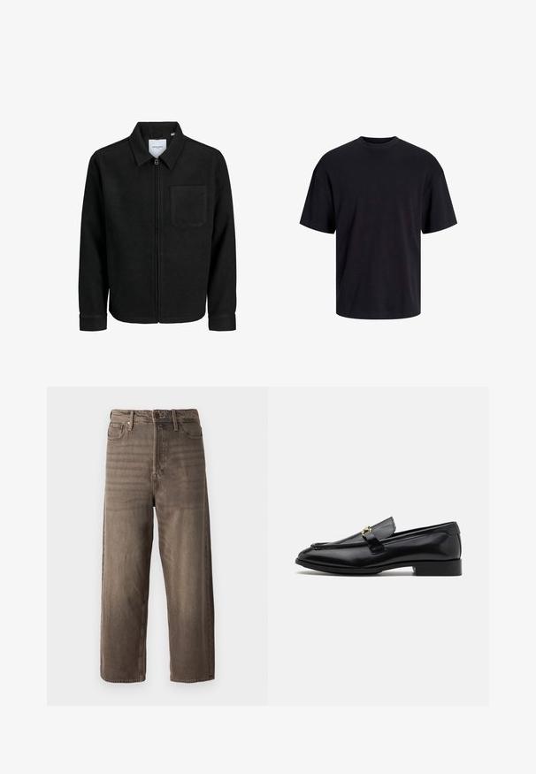 Černá zipová bunda s límečkem a jednou kapsou na hrudi, vystavená na bílém pozadí.; Černé bavlněné tričko s kulatým výstřihem, krátkými rukávy a volným střihem. Hladká textura a žádné viditelné vzory ani akcenty.; Hnědé široké džíny vyrobené z denimu. Mají zip, poutka na opasek a pět kapes. Látka má vybledlý, texturovaný vzhled.; Černé kožené mokasíny s kulatou špičkou, prošívanými detaily, malým podpatkem a zlatou kovovou detail na pásku. Hladký povrch po celé délce.