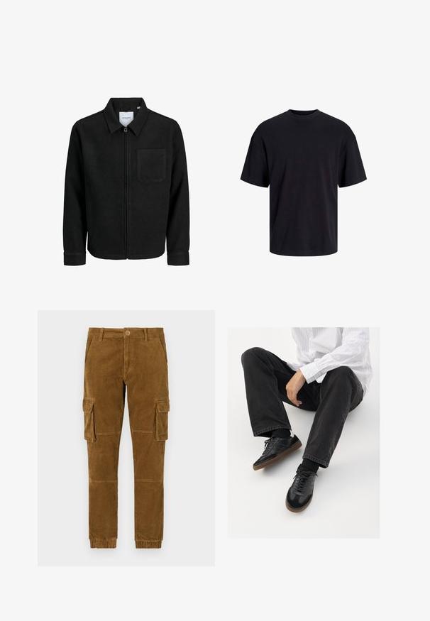 Giacca nera con zip, colletto e una tasca sul petto, mostrata su sfondo bianco.; T-shirt in cotone nero con collo rotondo, maniche corte e vestibilità morbida. Texture liscia senza pattern o dettagli visibili.; Pantaloni cargo in corduroy marrone con vestibilità affusolata, dotati di tasche laterali, chiusura a bottoni e polsini elasticizzati alle caviglie.; Sneaker nere con una tomaia liscia e testurizzata, con suola in gomma e lacci scuri. Abbinati a jeans neri e una camicia bianca a righe.