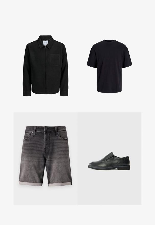 Črna jakna z zadrgo in ovratnikom ter enim žepom na prsih, prikazana na beli podlagi.; Črna bombažna majica s krojačkom izrezom, kratkimi rokavi in sproščenim krojem. Gladka tekstura in brez vidnih vzorcev ali poudarkov.; Denim kratke hlače v temno sivi barvi z uveljavljenim videzom, z zavitim robom, sprednjimi žepi in kovinskim gumbom za zapiranje.; Črne usnjene natikače z gladkim zgornjim delom, prišitimi detajli, zaobljenim nosom in nizkim gumijastim petkom. Podplat ima minimalen profil.