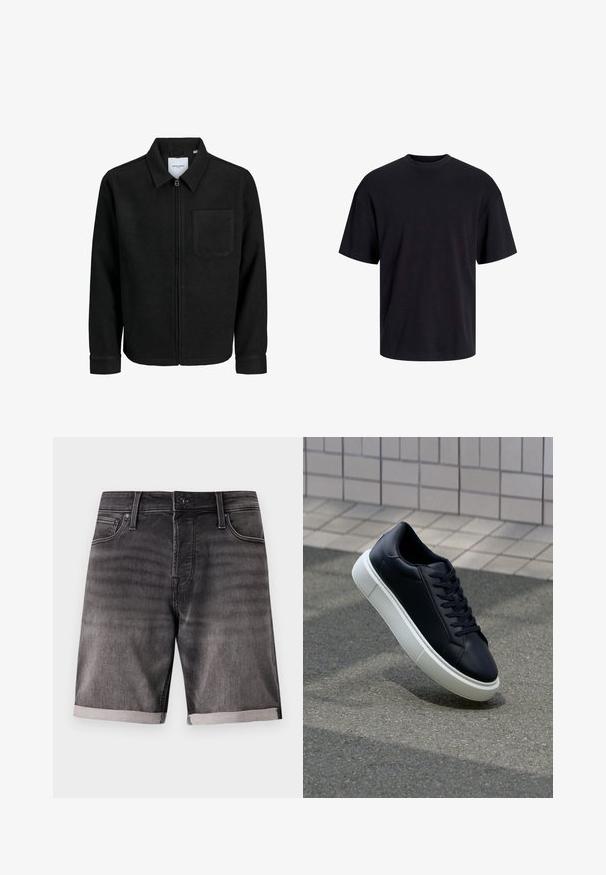 Černá zipová bunda s límečkem a jednou kapsou na hrudi, vystavená na bílém pozadí.; Černé bavlněné tričko s kulatým výstřihem, krátkými rukávy a volným střihem. Hladká textura a žádné viditelné vzory ani akcenty.; Džínové šortky v tmavě šedé barvě s vybledlým vzhledem, s ohrnutým lemem, předními kapsami a kovovým zapínáním.; Černé kožené tenisky s kulatou špičkou a bílou gumovou podrážkou. mají ploché tkaničky a minimální šití na svršku. Texturovaná podrážka pro lepší přilnavost.