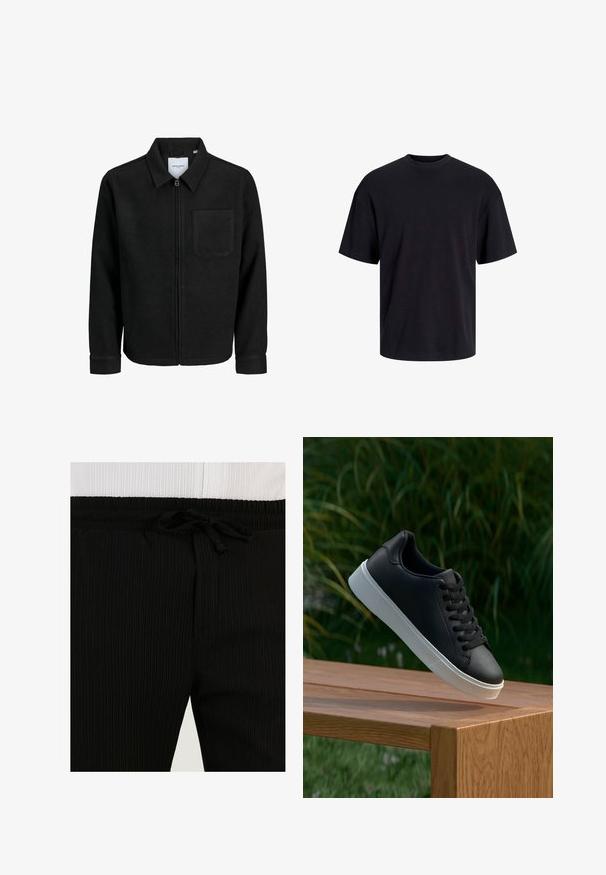 Melna jaka ar rāvējslēdzēju un apkakli, vienu krūšu kabatu, parādīta uz baltas fona.; Melns kokvilnas T-krekls ar apaļu kakla izgriezumu, īsām piedurknēm un brīvu piegriezumu. Gluda tekstūra un nav redzamu rakstu vai akcentu.; Melnas ribiņas sporta bikses ar elastīgu jostasvietu un aukliņu detaļu. Audums ir mīksts ar vertikālām līnijām, radot smalku rakstu.; Melnās ādas sporta apavi ar gludu tekstūru, baltu gumijas zoli un sešiem caurumiem šņorešanai, novietoti uz koka virsmas.