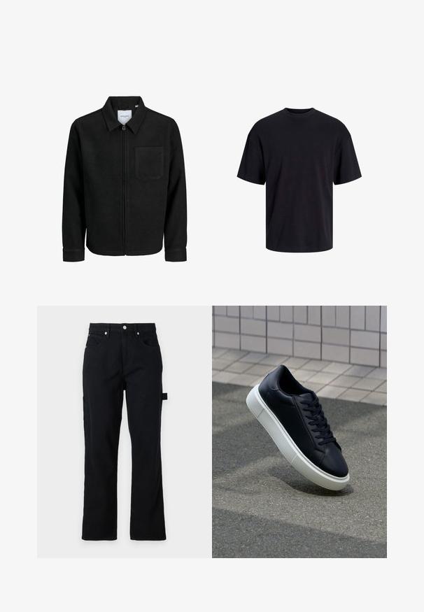 Musta vetoketjullinen takki, jossa on kaulus ja yksi rintatasku, esitelty valkoista taustaa vasten.; Musta puuvillapaita, jossa on pyöreä kaula-aukko, lyhyet hihat ja rento muotoilu. Yksinkertainen ja sileä pinta, ilman näkyviä kuvioita tai koristeita.; Musta farkkuhousut suorilla lahkeilla, etutaskuilla ja takapatch-taskuilla. Varustettu hopeisilla yksityiskohdilla ja sivuaukolla toiminnallisuutta varten.; Mustat nahkakengät, joissa on pyöristetty kärki ja valkoinen kumipohja. Varusteena litteät nauhat ja minimaalinen ommel ylhäällä. Teksturoitu pohja pitävyyden lisäämiseksi.