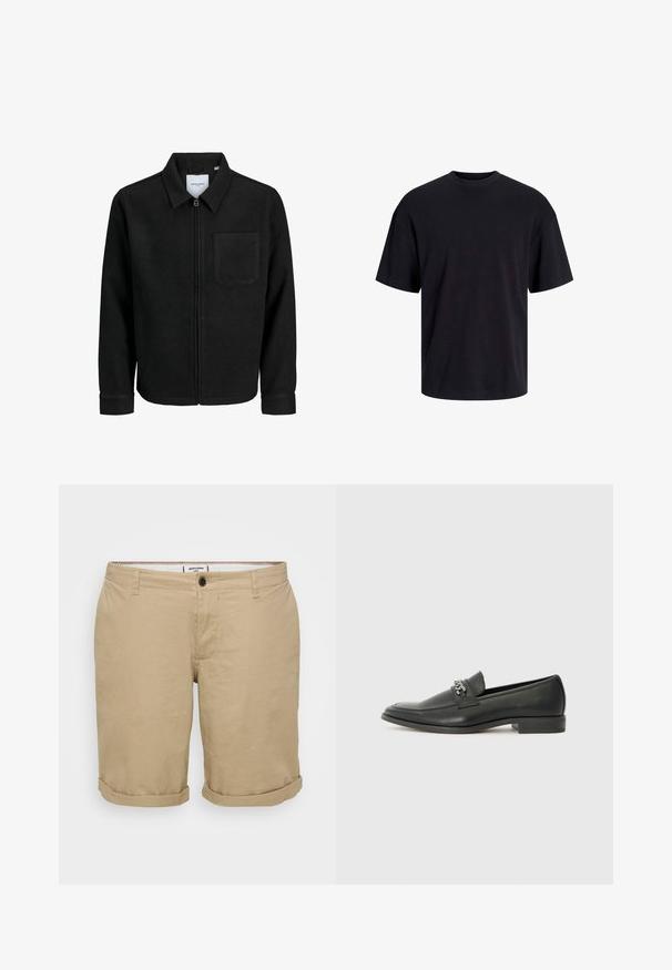 Veste zippée noire avec col et poche poitrine unique, présentée sur fond blanc.; T-shirt en coton noir avec un col ras du cou, des manches courtes et une coupe décontractée. Texture lisse sans motifs ni accents visibles.; Shorts beige clair à coupe droite, en coton. Présentent un bouton frontal unique, des poches latérales et des ourlets retroussés.; Mocassin en cuir noir avec une finition lisse, présentant un design cousu et une accent décoratif en chaîne métallique sur le rand. Talon plat.
