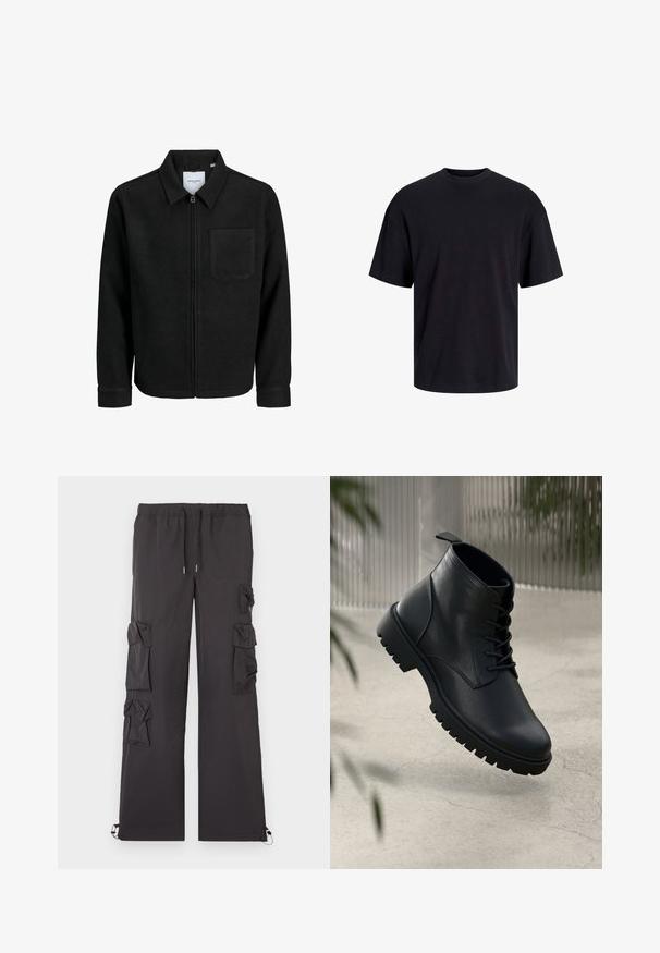 Black zip-up jacket with collar and single chest pocket, displayed on white background.; Black cotton t-shirt with a crew neckline, short sleeves, and a relaxed fit. Smooth texture and no visible patterns or accents.; Black cargo pants with a drawstring waist, featuring multiple pockets on the sides and elastic cuffs at the ankles. Lightweight fabric.; Black leather ankle boots with a rounded toe, lace-up design, and rugged rubber sole. Smooth texture with a pull tab at the back.