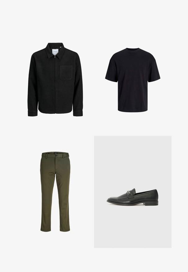 Sort lynlåsjakke med krave og en enkelt brystlomme, vist på hvid baggrund.; Sort bomulds t-shirt med rund hals, korte ærmer og en afslappet pasform. Glat tekstur uden synlige mønstre eller accenter.; Olivengrønne bukser lavet af glat stof; har en knaplukning, bæltestropper og lige ben med en ren finish.; Sorte læder loafers med en glat finish, der har et syet design og et dekorativt metal kædeaccent hen over vamps. Flad hæl.
