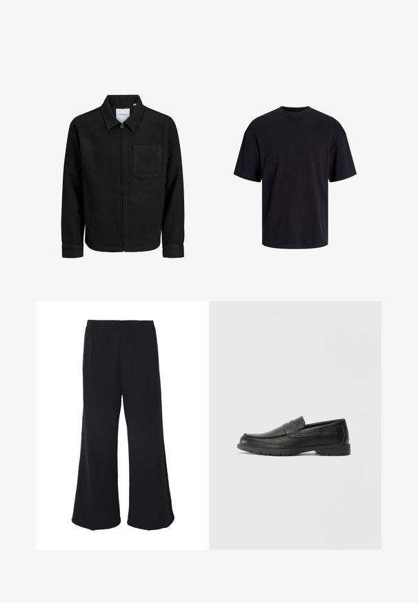 Jachetă neagră cu fermoar, cu guler și un singur buzunar pe piept, expusă pe fundal alb.; Tricou din bumbac negru, cu guler rotund, mâneci scurte și o croială lejeră. Textură netedă și fără modele sau accente vizibile.; Weekday GABRIEL LOOSE TROUSERS - Pantaloni - black; Labeled cu oglindă din piele neagră cu un finisaj neted, partea superioară în stil mocasin, detalii cusute și o talpă din cauciuc. Design clasic cu un toc jos.