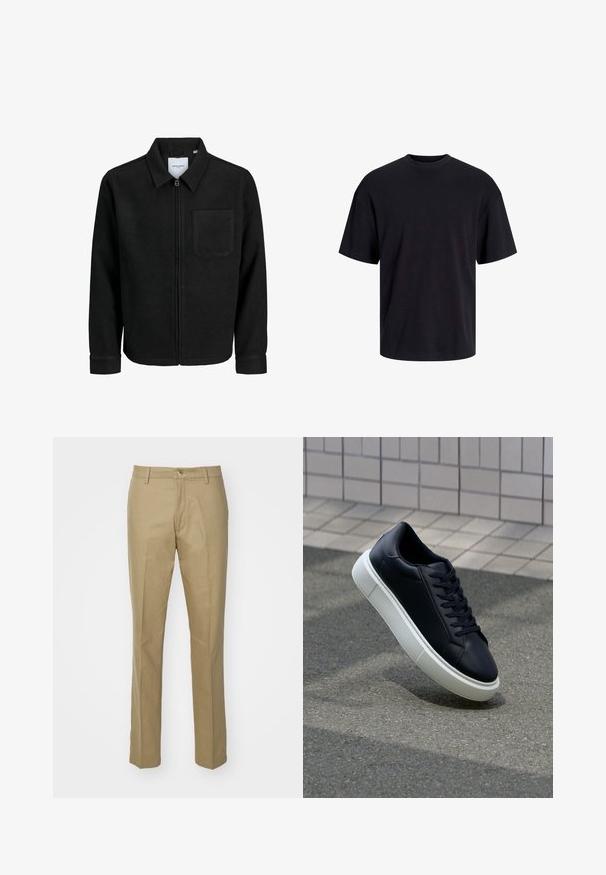 Musta vetoketjullinen takki, jossa on kaulus ja yksi rintatasku, esitelty valkoista taustaa vasten.; Musta puuvillapaita, jossa on pyöreä kaula-aukko, lyhyet hihat ja rento muotoilu. Yksinkertainen ja sileä pinta, ilman näkyviä kuvioita tai koristeita.; Khaki-housut, jotka on valmistettu puuvillasekoitteesta, joissa on suora leikkaus, näkyvät etutaskut, vetoketjusuljenta ja klassinen vyötärö vyöllä, jossa on yksi nappi.; Mustat nahkakengät, joissa on pyöristetty kärki ja valkoinen kumipohja. Varusteena litteät nauhat ja minimaalinen ommel ylhäällä. Teksturoitu pohja pitävyyden lisäämiseksi.
