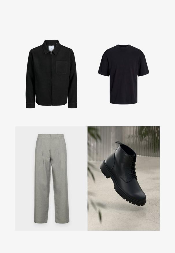 Chaqueta negra con cremallera y cuello, con un solo bolsillo en el pecho, expuesta sobre un fondo blanco.; Camiseta de algodón negra con cuello redondo, mangas cortas y un ajuste relajado. Textura suave y sin patrones ni acentos visibles.; Pantalones gris ajustados hechos de tela texturizada, con un diseño de pierna recta, pliegues frontales y una cinturilla estándar con lazos para cinturón.; Botas de cuero negro hasta el tobillo con punta redondeada, diseño de cordones y suela de goma resistente. Textura suave con una pestaña en la parte posterior.