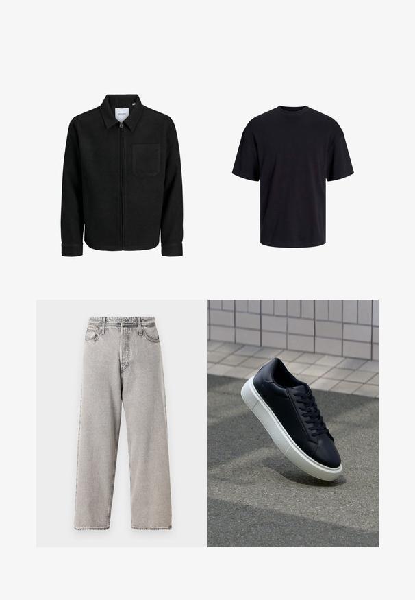 Czarna kurtka z zamkiem na całej długości, z kołnierzem i jedną kieszenią na piersi, umieszczona na białym tle.; Czarna bawełniana koszulka z okrągłym dekoltem, krótkimi rękawami i luźnym krojem. Gładka tekstura, bez widocznych wzorów czy akcentów.; Szerokie, szare dżinsy typu wide-leg z wybledzony odcieniem, pięcioma kieszeniami, szlufkami na pasek i kontrastowymi szwami. Gładka struktura i prosty krój.; Czarne skórzane sneakersy z okrągłym noskiem i białą gumową podeszwą. Posiadają płaskie sznurowadła i minimalne przeszycia na cholewce. Teksturowana podeszwa zapewnia przyczepność.