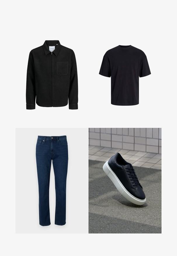 Črna jakna z zadrgo in ovratnikom ter enim žepom na prsih, prikazana na beli podlagi.; Črna bombažna majica s krojačkom izrezom, kratkimi rokavi in sproščenim krojem. Gladka tekstura in brez vidnih vzorcev ali poudarkov.; Temno modri jeans ravnega kroja z vsemi petimi žepi, zankami za pas in kovinskim gumbom za zapiranje v pasu. Gladka tekstura in klasičen dizajn.; Črne usnjene superge z zaobljenim prstom in belim gumijastim podplat. Imajo ravne vezalke in minimalno šivanje na zgornjem delu. Teksturirani podplat za oprijem.