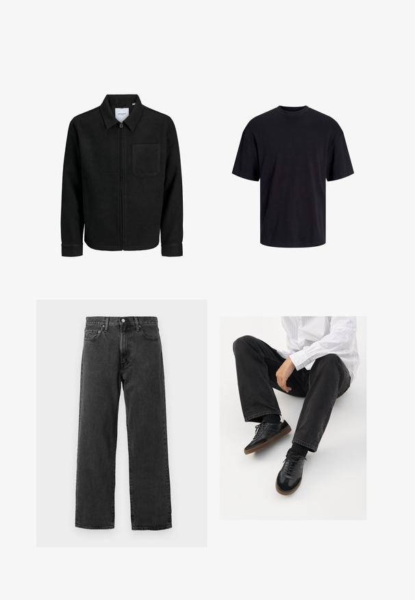 Juodas džemperis su užtrauktuku, apykakle ir vienu krūtiniu kišenėje, pristatytas baltame fone.; Juodas medvilninis marškinėlis su apvaliu iškirpimu, trumpomis rankovėmis ir laisvu siluetu. Glotni tekstūra, be matomų raštų ar akcentų.; Juodos džinsinės kelnes su tiesiomis kojomis, penkių kišenių stiliumi ir klasikiniu mygtuko uždarymu. Yra subtilus tekstūruotas audinys.; Juodi sportbačiai su lygiu ir tekstūruotu paviršiumi, turi guminį padas ir tamsias raištelius. Suderinti su juodomis džinsais ir balta juostuota marškinėliais.