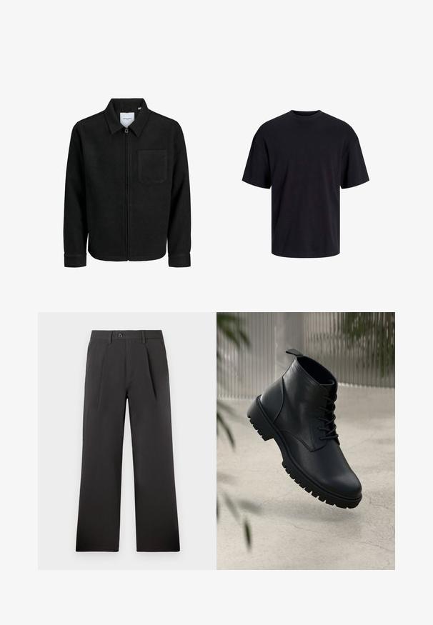 Czarna kurtka z zamkiem na całej długości, z kołnierzem i jedną kieszenią na piersi, umieszczona na białym tle.; Czarna bawełniana koszulka z okrągłym dekoltem, krótkimi rękawami i luźnym krojem. Gładka tekstura, bez widocznych wzorów czy akcentów.; Czarne spodnie plisowane o prostym kroju, wykonane z gładkiego materiału. Posiadają zapięcie na guzik i szlufki na pasek w talii.; Czarne skórzane botki na kostkę z okrągłym noskiem, sznurowanym zapięciem i solidną gumową podeszwą. Gładka struktura z pętelką z tyłu.