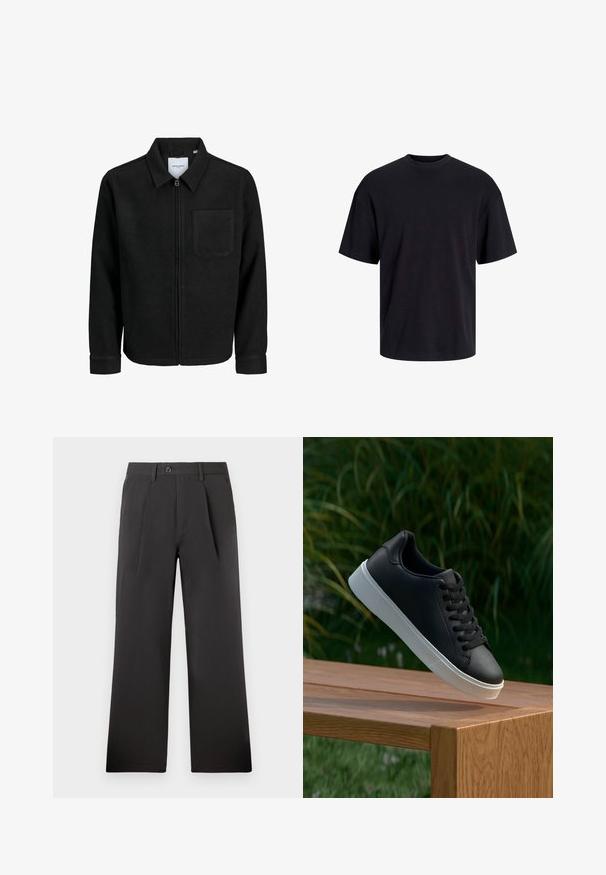 Svart zip-jacka med krage och en enda bröstficka, visad på vit bakgrund.; Svart bomullströja med rundad halsringning, korta ärmar och avslappnad passform. Slät textur utan synliga mönster eller detaljer.; Svarta plisserade byxor med en rak bendesign, tillverkade av ett slätt tyg. Har en knappstängning och bältesöglor vid midjan.; Svarta lädersneakers med en slät yta, vit gummisula och sex öglor för snörning, visade på en träyta.
