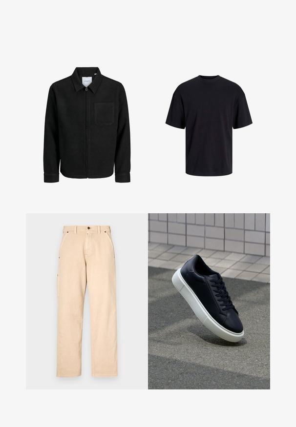 Zwarte zip-up jas met kraag en enkele borstzak, weergegeven op een witte achtergrond.; Zwarte katoenen t-shirt met een ronde halslijn, korte mouwen en een relaxte pasvorm. Glad textuur en geen zichtbare patronen of accenten.; Beige katoenen pantalons met rechte pijpen, voorzien van zijzakken, riemlussen en een knoopsluiting aan de voorkant. Glad textuur, minimalistisch design.; Zwarte leren sneaker met een ronde neus en een witte rubberen zool. Voorzien van platte veters en minimale stiksels op het bovenwerk. Textuurrijke zool voor grip.