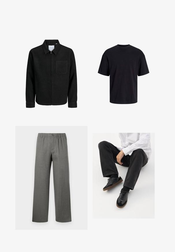 Black zip-up jacket with collar and single chest pocket, displayed on white background.; Black cotton t-shirt with a crew neckline, short sleeves, and a relaxed fit. Smooth texture and no visible patterns or accents.; Grey linen trousers with a relaxed fit, elastic waistband, button closure, and straight legs. Smooth texture, minimalistic design.; Black sneakers with a smooth and textured upper, featuring a rubber sole and dark laces. Paired with black jeans and a white striped shirt.