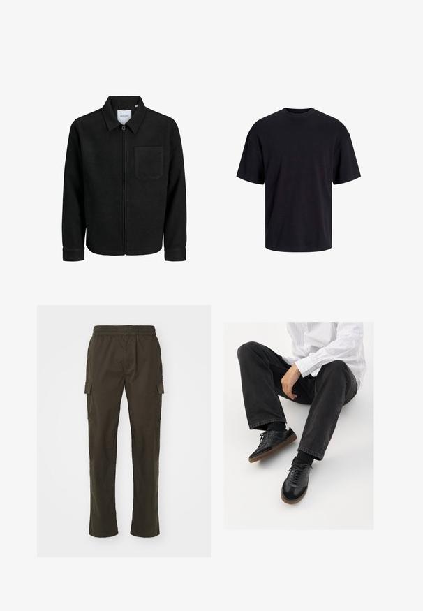 Mustaga lukuga jakker, millel on krae ja üks rinna-tasku, esitatud valgel taustal.; Must must on mustre, lühikeste varrukatega ja vabalt langev. Sile tekstuur ja ilma nähtavate mustrite või aktsentideta.; Tumedoolivroheline cargo-püksid elastse vöökohtaga, nelja taskuga ja sirge lõikega. Valmistatud vastupidavast ja kergest kangast.; Mustad spordijalatsid siledast ja tekstuurilisest ülemisest osast, millel on kummist tald ja tumedad nöörid. Kombineeritud mustade teksade ja valge triibulise särgiga.