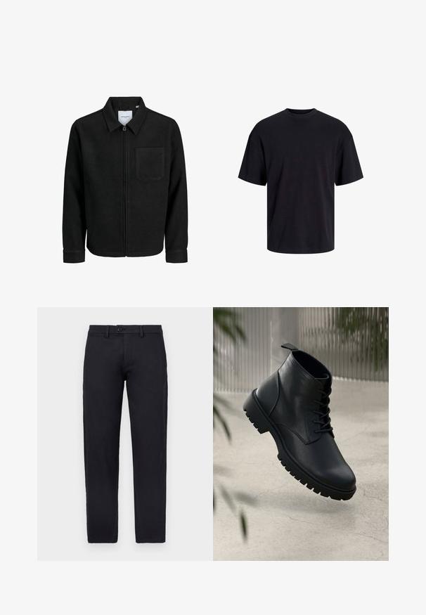 Black zip-up jacket with collar and single chest pocket, displayed on white background.; Black cotton t-shirt with a crew neckline, short sleeves, and a relaxed fit. Smooth texture and no visible patterns or accents.; Black cotton trousers with a straight cut, featuring a front button closure and belt loops. Smooth texture and no visible patterns.; Black leather ankle boots with a rounded toe, lace-up design, and rugged rubber sole. Smooth texture with a pull tab at the back.