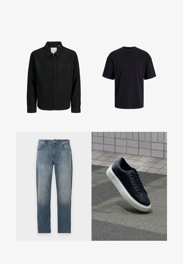 Chaqueta negra con cremallera y cuello, con un solo bolsillo en el pecho, expuesta sobre un fondo blanco.; Camiseta de algodón negra con cuello redondo, mangas cortas y un ajuste relajado. Textura suave y sin patrones ni acentos visibles.; Vaqueros de mezclilla azul claro con corte recto, diseño de cinco bolsillos, cierre de botón metálico y un ligero desvanecimiento en la parte delantera.; Zapatilla de cuero negro con punta redonda y suela de goma blanca. Presenta cordones planos y un mínimo de costuras en la parte superior. Suela texturizada para proporcionar agarre.
