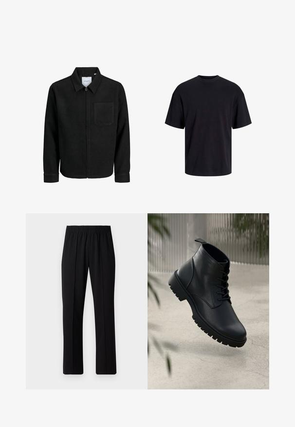 Veste zippée noire avec col et poche poitrine unique, présentée sur fond blanc.; T-shirt en coton noir avec un col ras du cou, des manches courtes et une coupe décontractée. Texture lisse sans motifs ni accents visibles.; Pantalons noirs à taille élastique avec une coupe droite, présentant une texture lisse et sans motifs ni éléments visibles.; Bottines en cuir noir avec un bout rond, un laçage, et une semelle en caoutchouc robuste. Texture lisse avec une languette à l'arrière.