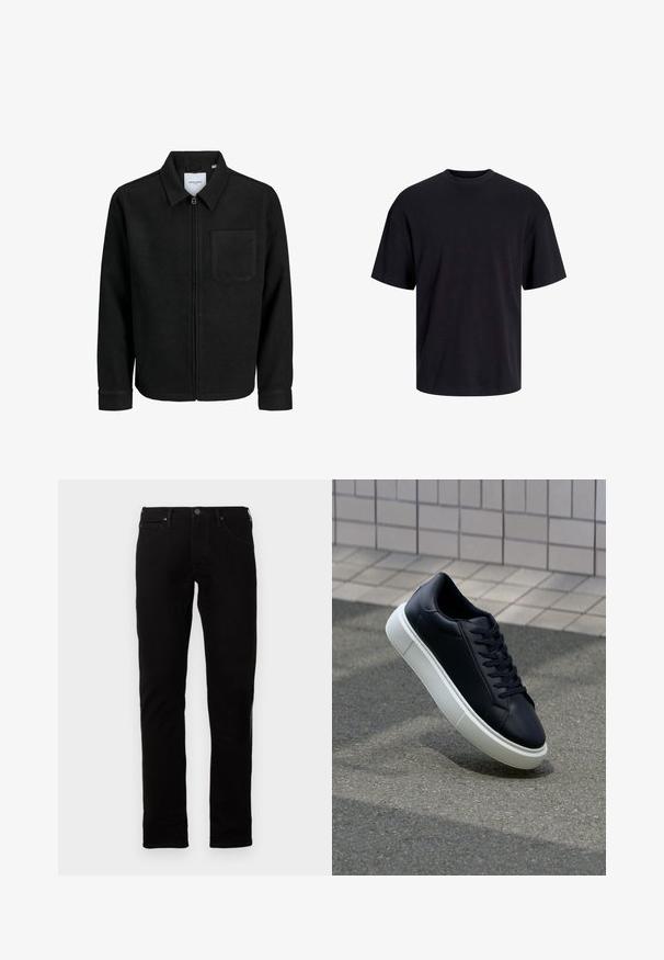 Crna jakna na zip s ovratnikom i jednim džepom na prsima, prikazana na bijeloj pozadini.; Crna pamučna majica s okruglim izrezom, kratkim rukavima i opuštenim krojem. Glatka tekstura bez vidljivih uzoraka ili dekoracija.; Crna traperica s ravnim krojem, koja ima zatvaranje na dugme, pet džepova i suptilne detalje šivanja. Glatka tekstura.; Crne kožne tenisice s zaobljenim vrhom i bijelim gumiranim potplatom. Imaju ravne vezice i minimalno šivanje na gornjem dijelu. Teksturirani potplat za bolje prianjanje.